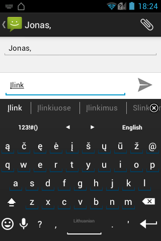 „AnySoftKeyboard“ ekraninė klaviatūra su įjungtu lietuvišku išdėstymu