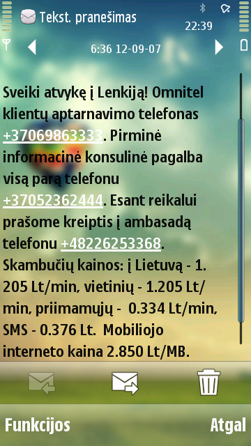 SMS pranešimas su lietuviškomis raidėmis, gautas 2012 metais